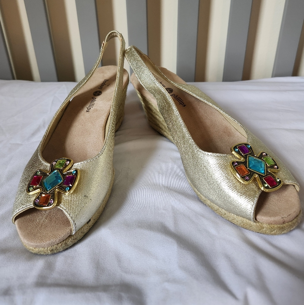 Lindsay Phillips Gold Wedge Sandals with Colorful Gem Accents Size 9 - Picture 2 of 8